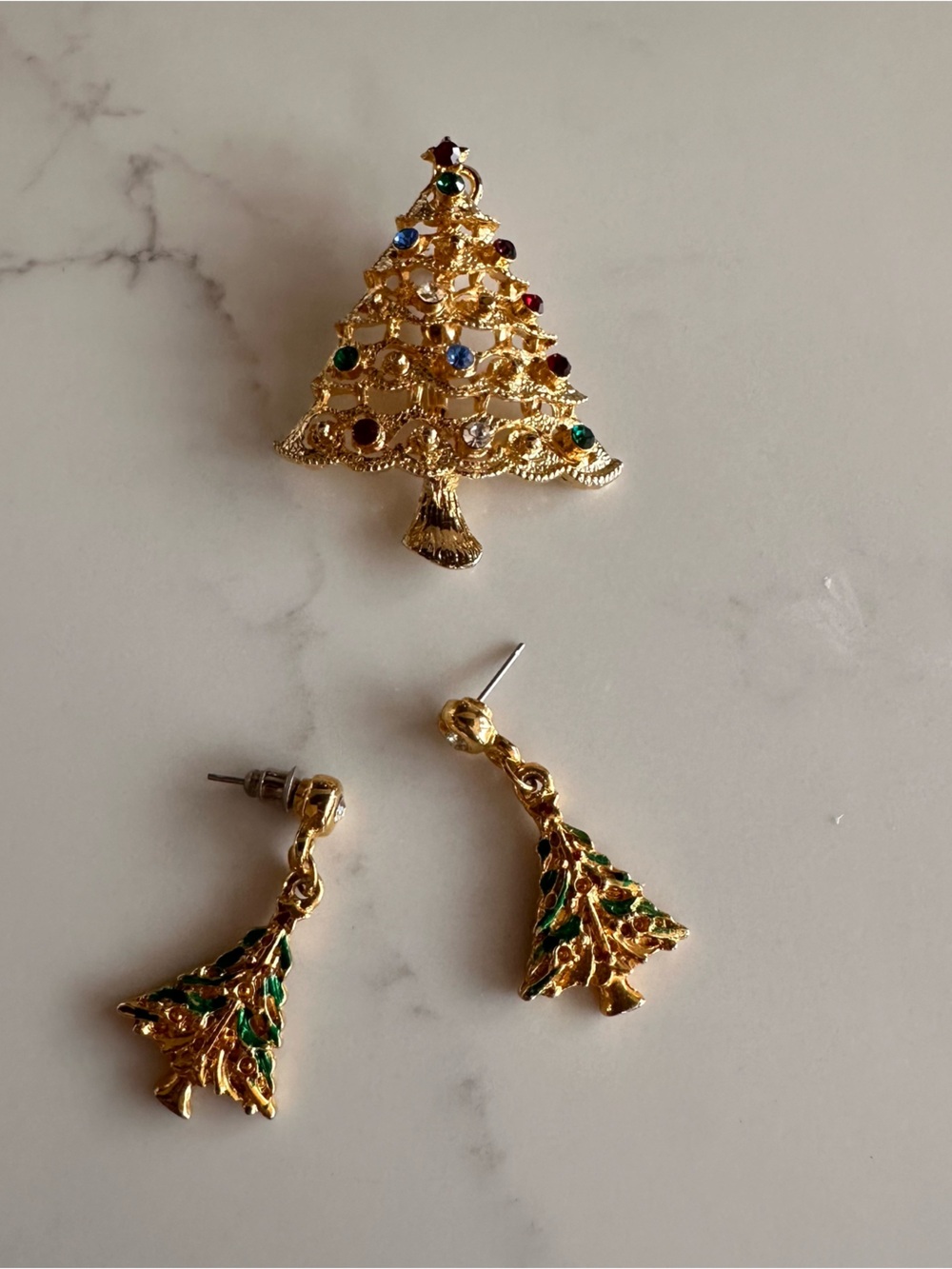 Gold-tone Christmas Tree Drop Earrings with Matching Brooch
